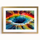 Gold-framed wall art featuring a vibrant geyser landscape design, elegantly matted for a sophisticated look, perfect for home decor or office spaces. Ideal for nature enthusiasts seeking stylish wall accents.