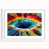 Framed Geyser landscape wall art collection featuring a serene nature scene with vibrant colors, displayed in a sleek white frame with a mat, enhancing home decor.