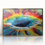 Framed acrylic wall art featuring a vibrant geyser landscape design with gold accents, ideal for modern home decor and adding a touch of elegance to any room.