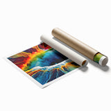 Vibrant rolled print of a geyser landscape design, showcasing rich colors and intricate details, perfect for enhancing modern home decor. Packaged securely for safe delivery.