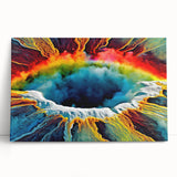 Stretched canvas wall art showcasing a colorful geyser landscape design, leaning against a wall, perfect for home decor or office enhancement.