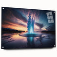 Acrylic glass wall art collection showcasing a vibrant landscape design of geysers, framed in a sleek side view with decorative pins, ideal for modern decor.