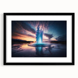 Framed wall art featuring a geyser landscape design in vibrant colors, set against a black mat for a modern aesthetic. Ideal for enhancing contemporary home decor.