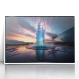 Framed wall art showcasing a vibrant geyser landscape design, featuring a white frame that complements the colorful acrylic print, perfect for home decor.