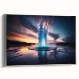 Framed canvas wall art featuring a stunning geyser landscape design in silver tones, showcasing intricate details and a modern aesthetic, perfect for home décor.