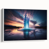 Framed canvas wall art showcasing a modern geyser landscape design with vibrant colors, featuring a white frame, ideal for contemporary home decor.