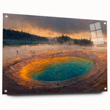 Acrylic wall art piece showcasing a vibrant geyser landscape design, displayed from a side view with visible pins. Perfect for adding a modern touch to home decor.