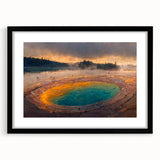 Framed wall art showcasing a stunning geyser landscape design in vibrant colors, with a black mat and frame, perfect for modern home decor or office spaces.