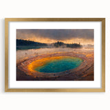 Geyser-themed wall art collection featuring a gold-framed print with matting, showcasing vibrant colors and intricate landscape details, ideal for home decor.