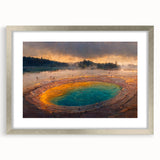 Framed landscape wall art featuring a silver mat and modern geyser design, showcasing vibrant colors and intricate details, ideal for contemporary home decor.