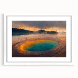 Framed wall art collection showcasing a stunning landscape featuring a geyser design, presented in a sleek white frame with matting, perfect for home decor.
