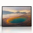 Framed acrylic wall art showcasing a vibrant landscape design featuring a geyser, presented in a sleek black frame, ideal for modern home decor.