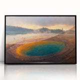 Framed acrylic wall art showcasing a vibrant landscape design featuring a geyser, presented in a sleek black frame, ideal for modern home decor.