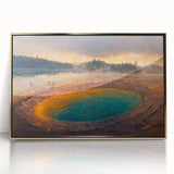Framed acrylic wall art featuring a vibrant geyser design with gold accents, perfect for modern decor. Ideal for adding color and elegance to any space.