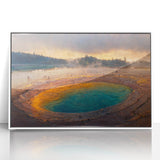 Framed acrylic wall art showcasing a vibrant geyser landscape design, featuring hues of blue and green, perfect for modern home decor. Ideal for enhancing any living space with its captivating natural beauty.