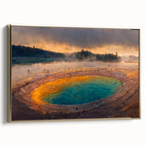 Framed canvas wall art featuring a serene landscape with a geyser, accented in gold, showcasing intricate details and vibrant colors, ideal for home decor.