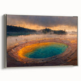 Framed canvas wall art showcasing a stunning geyser landscape design with silver accents, ideal for modern home decor. Elegant side view highlights the artwork's vibrant colors and intricate details. Perfect addition to any living space or office.