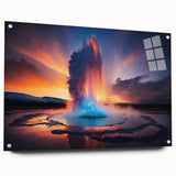 Acrylic glass wall art showcasing a vibrant geyser landscape design, featuring vivid colors and intricate details, displayed from a side view with decorative pins.