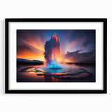 Black-framed wall art featuring a vibrant geyser landscape design, showcasing dynamic colors and intricate details, perfect for modern home decor or art collectors.
