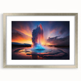 Framed wall art collection showcasing a geyser landscape design, featuring a silver mat and elegant frame, perfect for modern home decor.