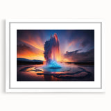 Framed wall art featuring a geyser landscape design, showcasing vibrant colors and intricate details, with a white mat and sleek frame, perfect for home decor.