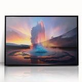 Framed wall art collection showcasing a striking landscape design with a geyser, presented in a sleek black frame, ideal for modern home decor.