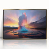 Framed acrylic wall art featuring a vibrant geyser design in gold tones, showcasing a stunning landscape that adds elegance to any decor. Perfect for modern interiors.