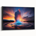 Framed canvas wall art showcasing a striking geyser design in vibrant colors, viewed from the side, perfect for modern home decor or art enthusiasts.