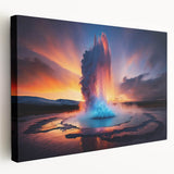 Stretched canvas wall art depicting a vibrant geyser landscape with rich colors and dynamic textures, ideal for enhancing home decor with natural beauty.