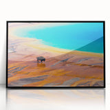 Framed acrylic wall art featuring a striking geyser landscape design, presented in a sleek black frame, perfect for enhancing modern home decor and interior aesthetics.