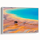 Framed canvas wall art featuring a vibrant geyser landscape design, showcasing rich colors and intricate details, set against a white backdrop for elegance.