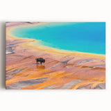 Stretched canvas art featuring a vibrant landscape of a geyser, showcasing vivid colors and intricate details, ideal for modern home decor and nature enthusiasts.