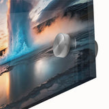 Close-up of a vibrant acrylic glass wall art piece showcasing a stunning geyser landscape design, featuring rich colors and intricate details, perfect for home decor.