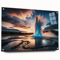 Side view of a modern acrylic glass wall art piece featuring a stunning geyser landscape design, elegantly displayed with pins, perfect for home decor.