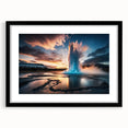 Framed wall art featuring a stunning landscape geyser design in vibrant colors, set against a sleek black frame with a mat, perfect for modern decor.