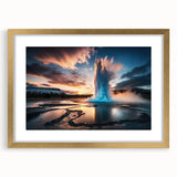 Elegant wall art featuring a geyser landscape design, framed in gold with a mat, showcasing vibrant colors and intricate details, perfect for home decor.