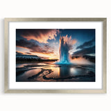 Framed wall art collection featuring a stunning landscape geyser design, with a silver mat and sleek frame, perfect for enhancing modern decor aesthetics. Ideal for art enthusiasts and home decorators looking to elevate their space.