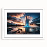 Framed wall art collection depicting vibrant geyser landscapes, featuring a white mat and sleek frame, ideal for modern home decor and artistic enhancement.