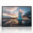 Framed acrylic wall art showcasing a stunning geyser landscape design in vibrant colors, set in a sleek black frame, perfect for modern home décor.