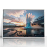 Framed acrylic wall art featuring a stunning geyser landscape design in vibrant colors, elegantly displayed with a sleek white frame, perfect for home decor.