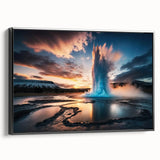 Framed wall art showcasing a modern geyser landscape design in a black frame, highlighting vibrant colors and intricate details, perfect for home decor.