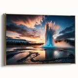 Framed wall art featuring a vibrant geyser landscape design in gold tones, showcasing intricate details and textures, perfect for home decor enhancement.