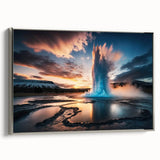 Framed canvas wall art showcasing a serene landscape with a geyser, featuring a sleek silver frame. Ideal for enhancing modern home decor with a touch of nature.