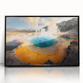 Framed wall art piece showcasing a vibrant geyser landscape design, presented in a sleek black frame, perfect for modern home decor. Ideal for adding a touch of nature-inspired elegance to living spaces.