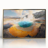 Framed wall art featuring a stunning geyser landscape design with vibrant colors and gold accents, perfect for adding a touch of elegance to any interior décor.