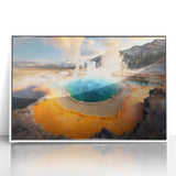Framed acrylic wall art showcasing a vibrant geyser landscape design, featuring bold colors and intricate details, perfect for modern home decor.
