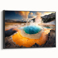 Framed canvas wall art depicting a modern geyser landscape design, showcasing vibrant colors and intricate details, set against a sleek black frame for a stylish home decor accent.
