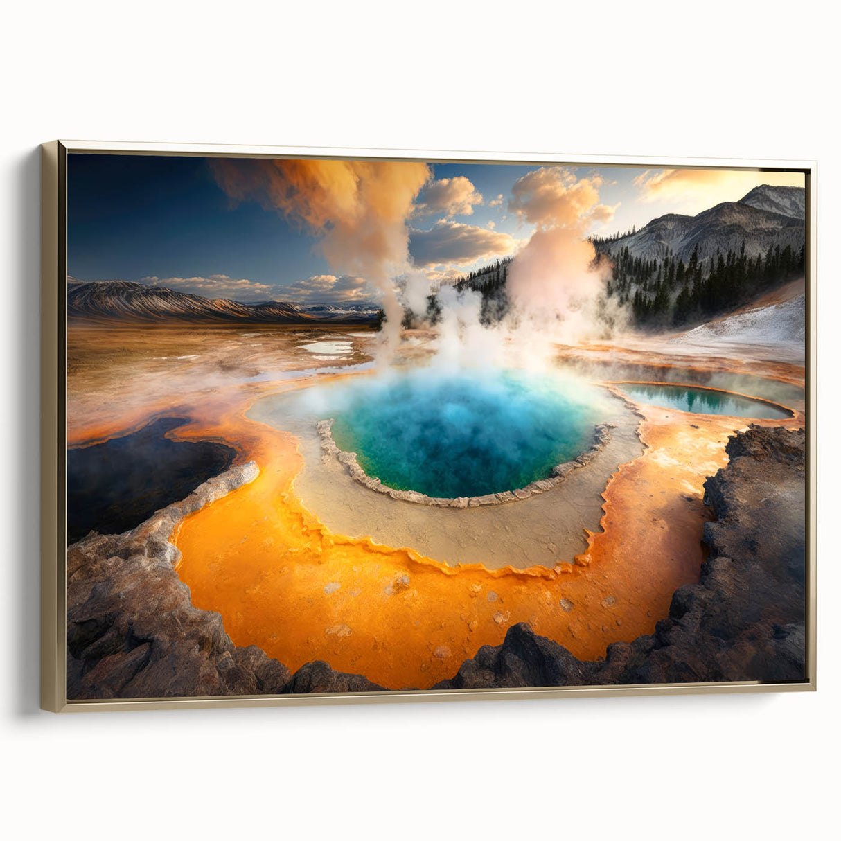 Framed canvas wall art showcasing a stunning geyser landscape design with gold accents, perfect for adding a touch of elegance to modern home décor.