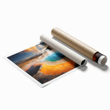 Rolled print of vibrant geyser landscape wall art, showcasing dynamic colors and intricate details, ideal for home decor and enhancing interior aesthetics.