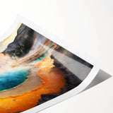 Vibrant rolled print showcasing a geyser landscape design with dynamic colors and textures, perfect for enhancing modern home decor. Packaged securely in a durable tube for shipping.